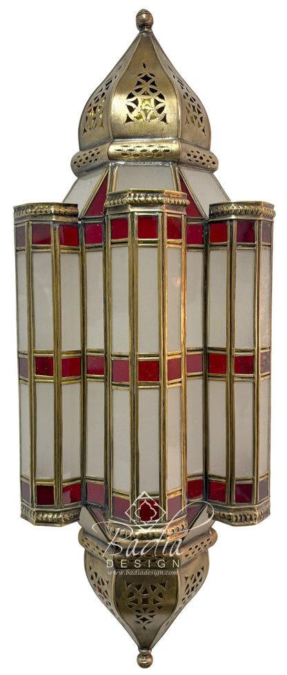 Moroccan Brass Wall Sconce with White and Red Glass Panels