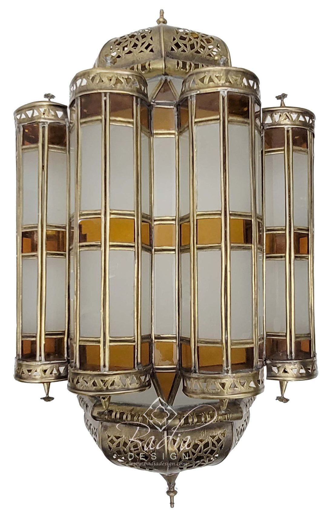 Moroccan Brass Wall Sconce with Amber and White Color Glass