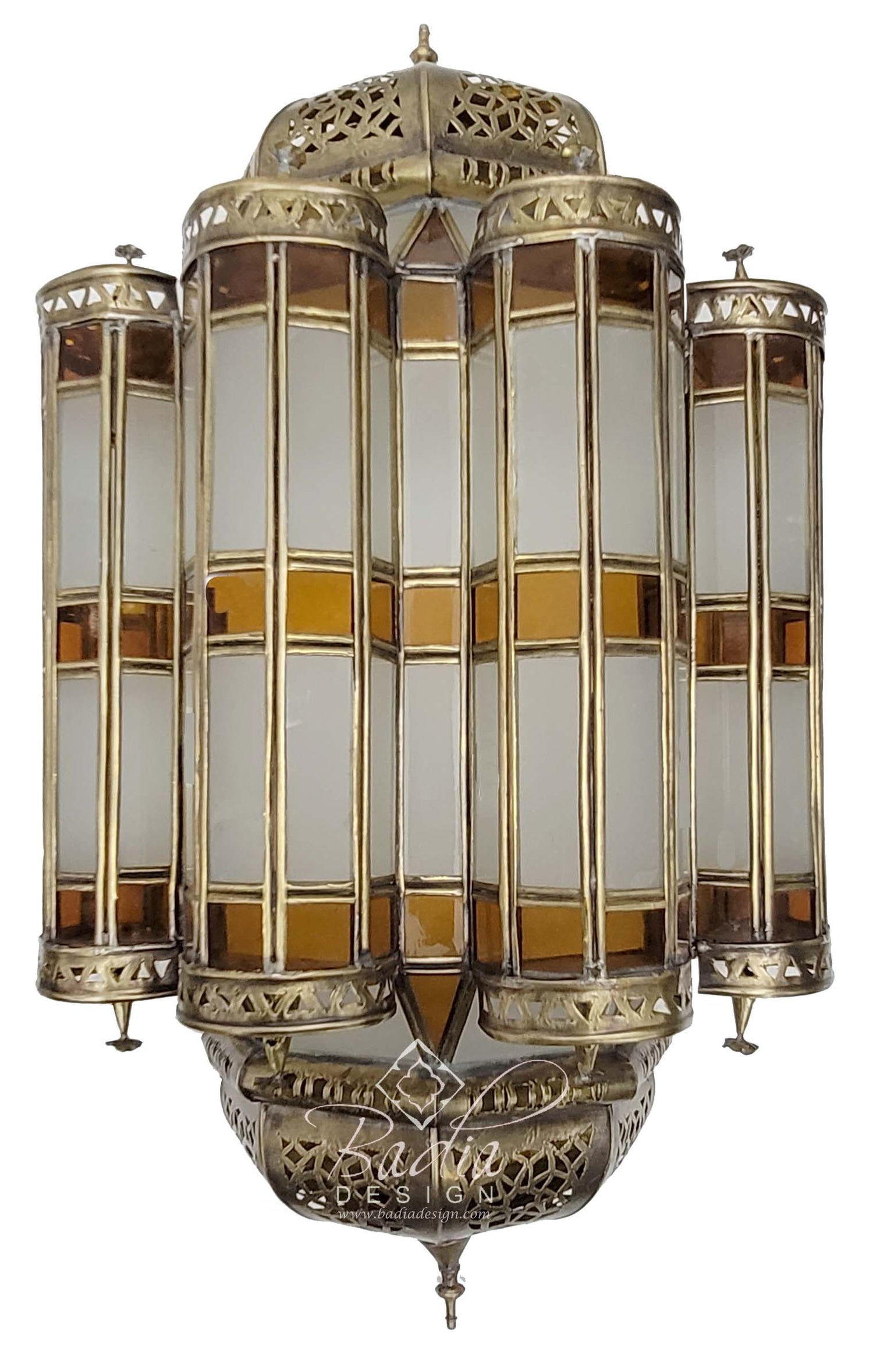 Moroccan Brass Wall Sconce with Amber and White Color Glass