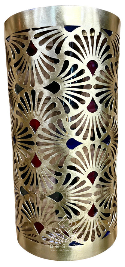 Intricately Designed Brass Wall Sconce with Multi-Color Glass Eyelets