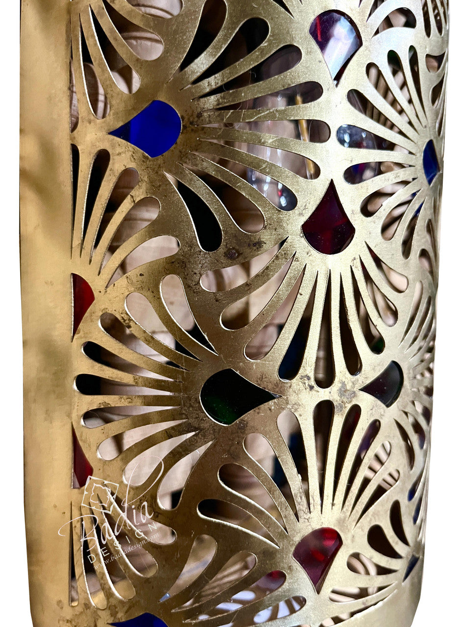 Intricately Designed Brass Wall Sconce with Multi-Color Glass Eyelets