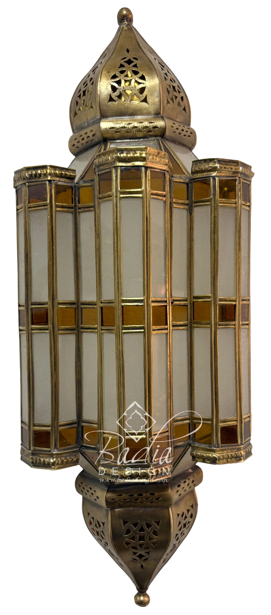 Moroccan Brass Wall Sconce with White and Amber Glass Panels