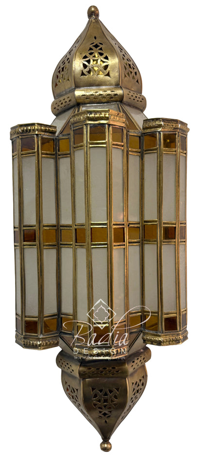 Moroccan Brass Wall Sconce with White and Amber Glass Panels