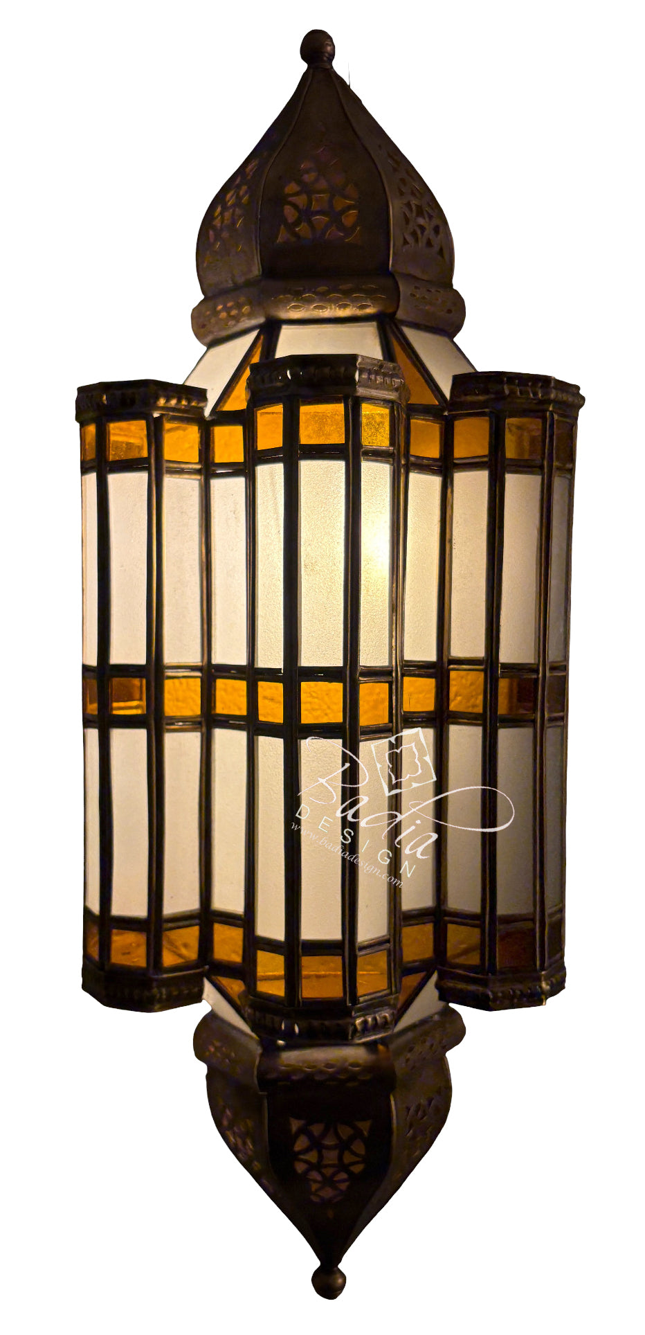 Decorative lantern with stained glass design on a white background