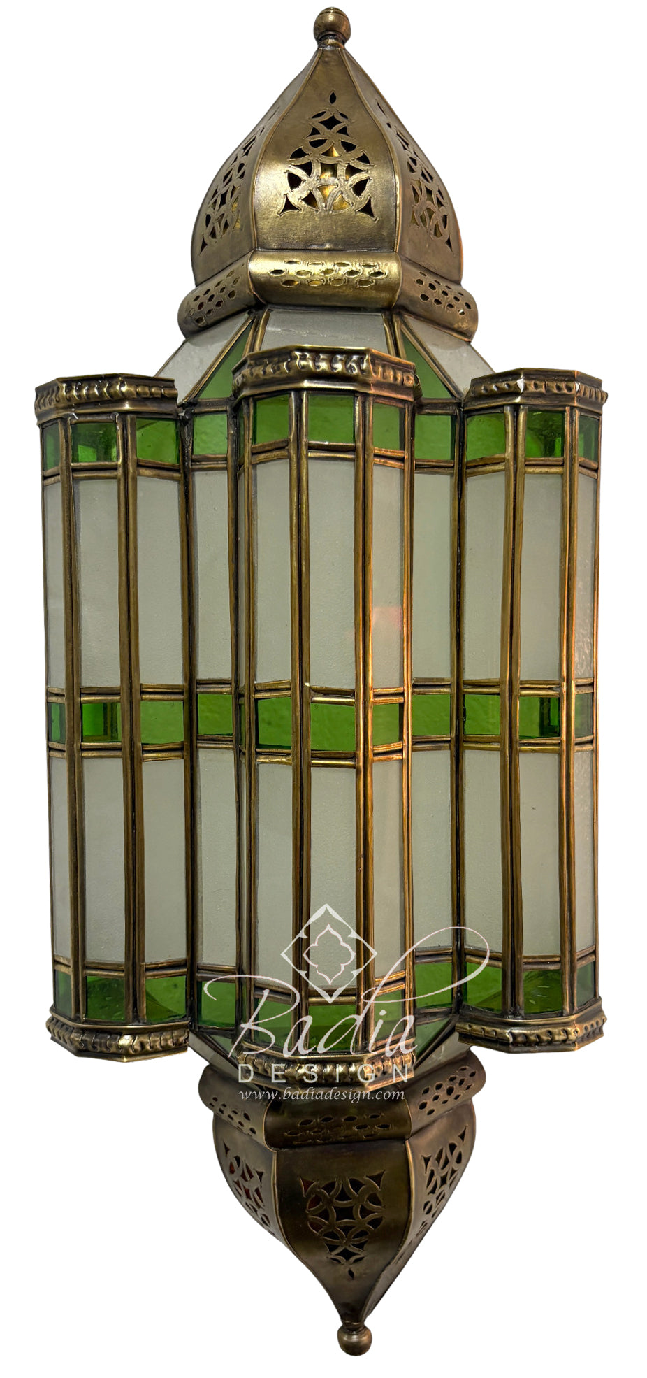 Moroccan Brass Wall Sconce with Green and Red Glass Panels