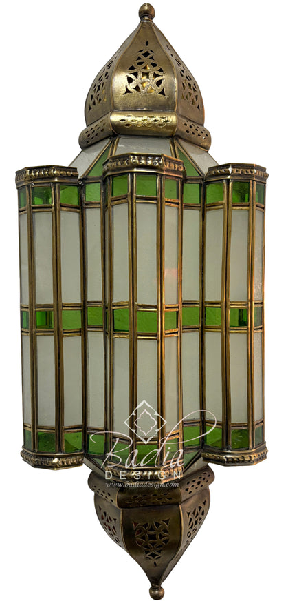 Moroccan Brass Wall Sconce with Green and Red Glass Panels