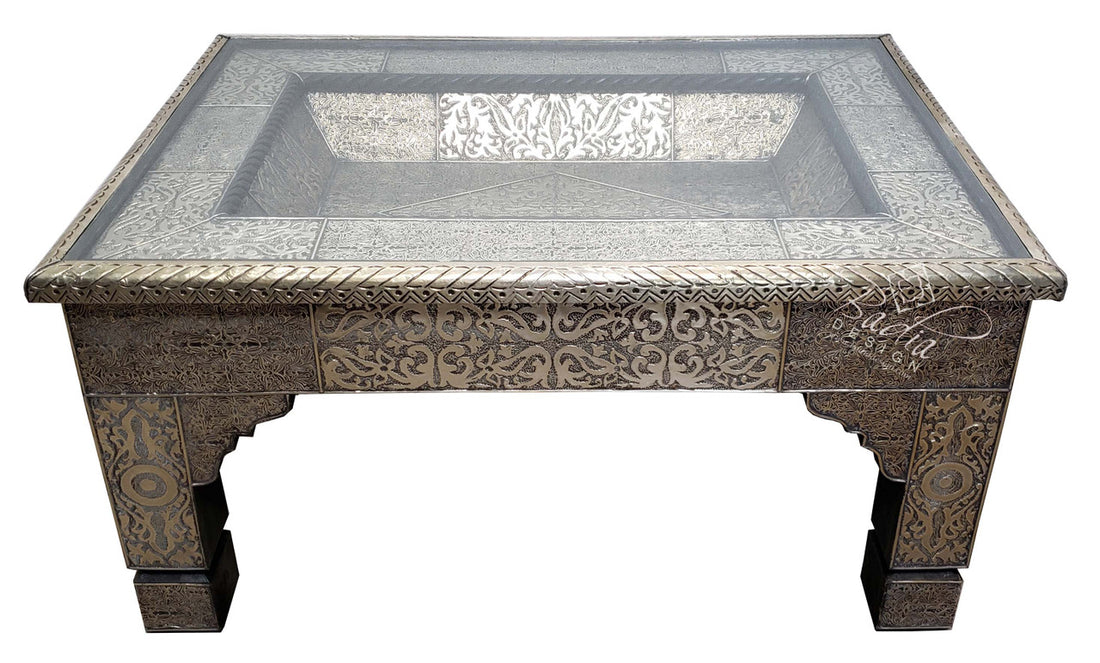 Carved Cedar Embossed Metal Table with Glass Top