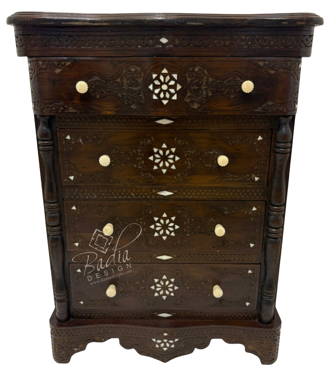 Carved Wood Bone Inlay Dark Stained Dresser