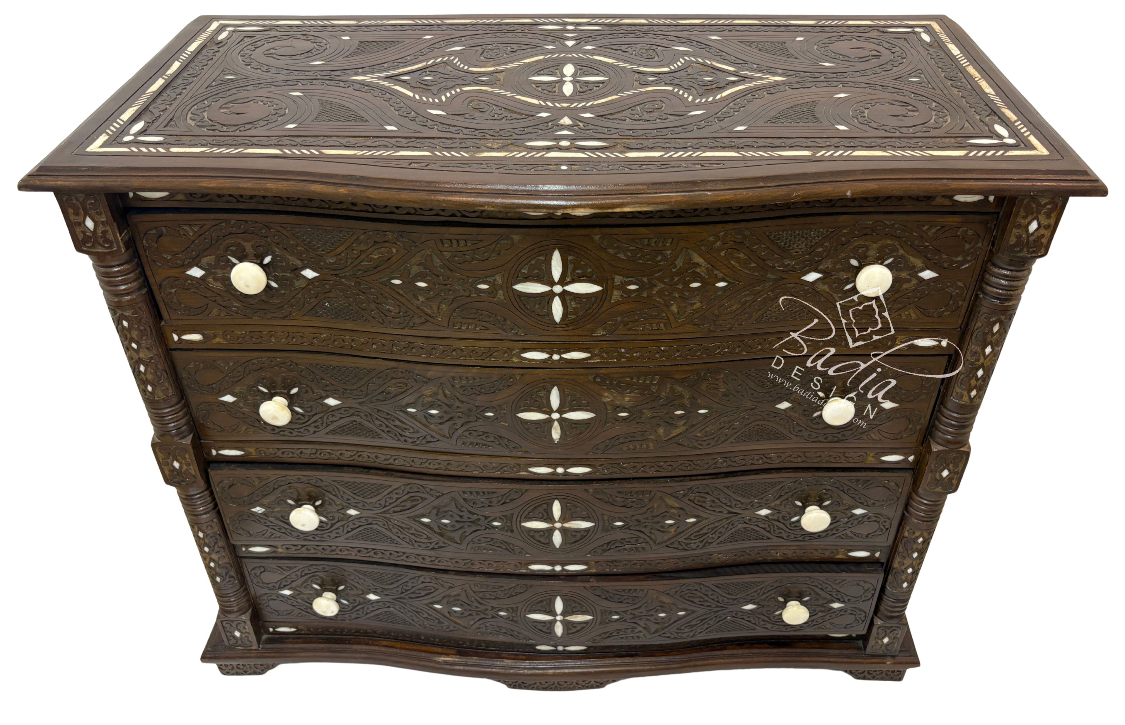 Large Carved Wood Bone Inlay Dark Stained Dresser