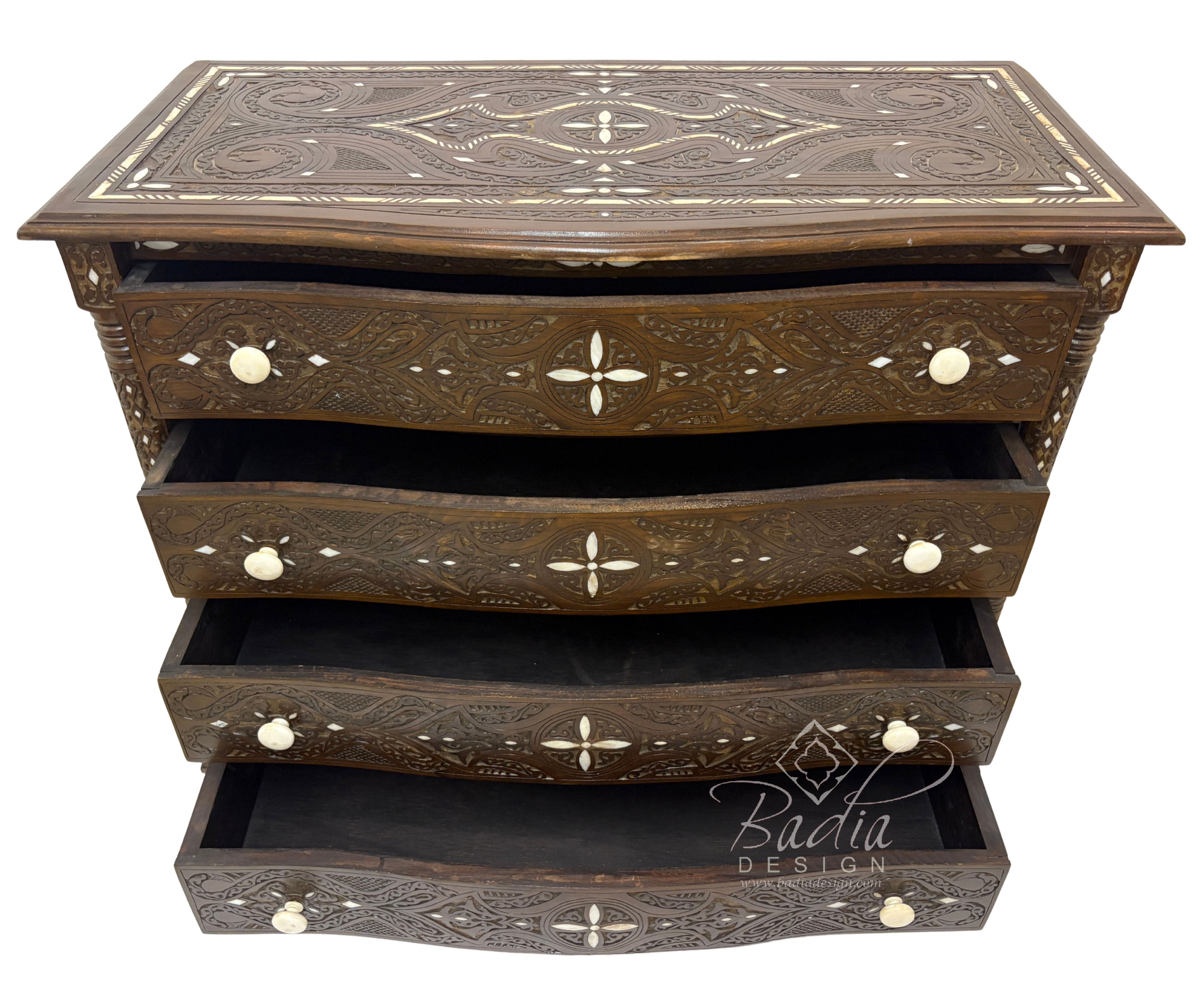 Large Carved Wood Bone Inlay Dark Stained Dresser