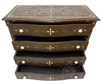 Large Carved Wood Bone Inlay Dark Stained Dresser
