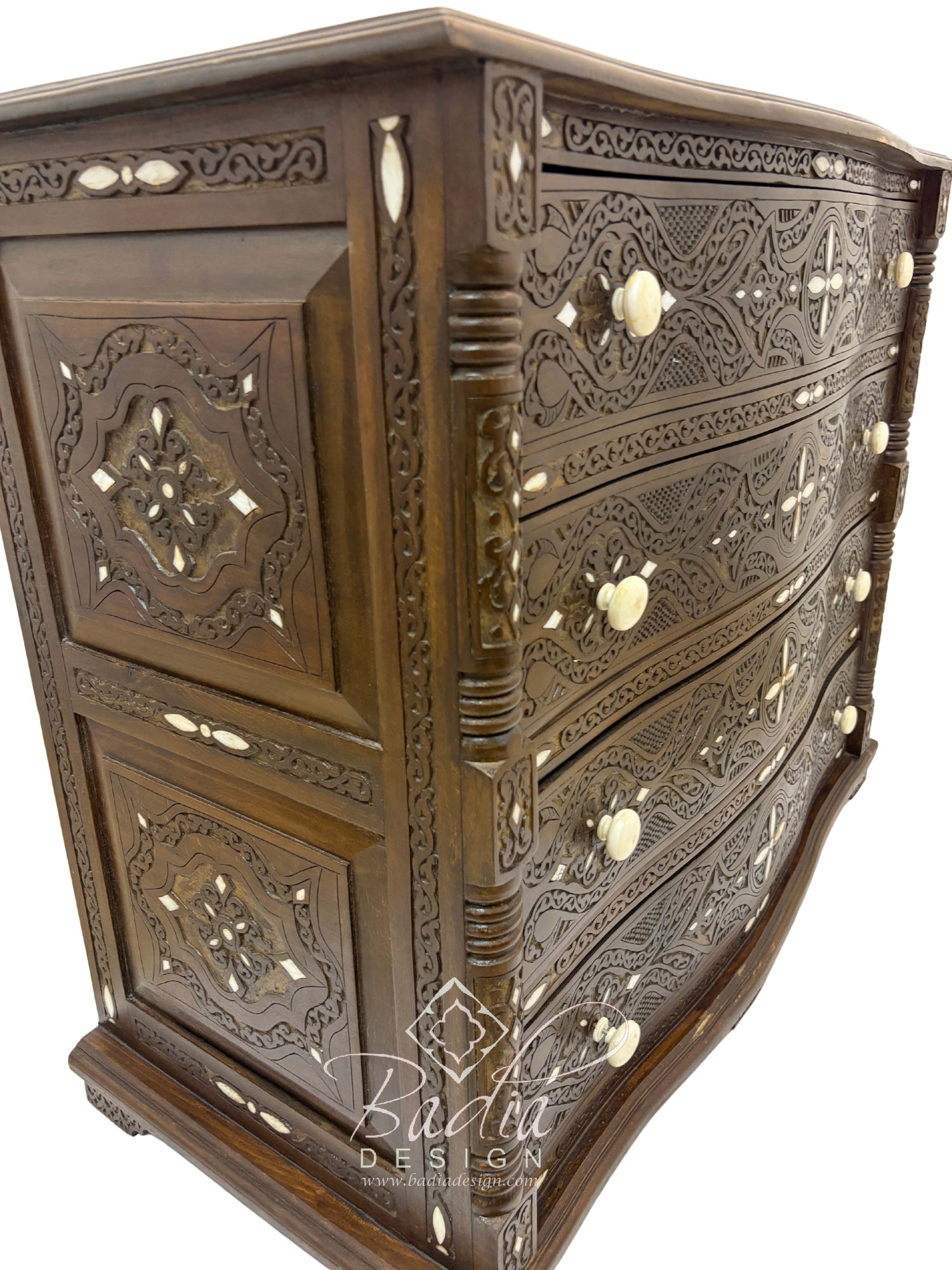 Large Carved Wood Bone Inlay Dark Stained Dresser