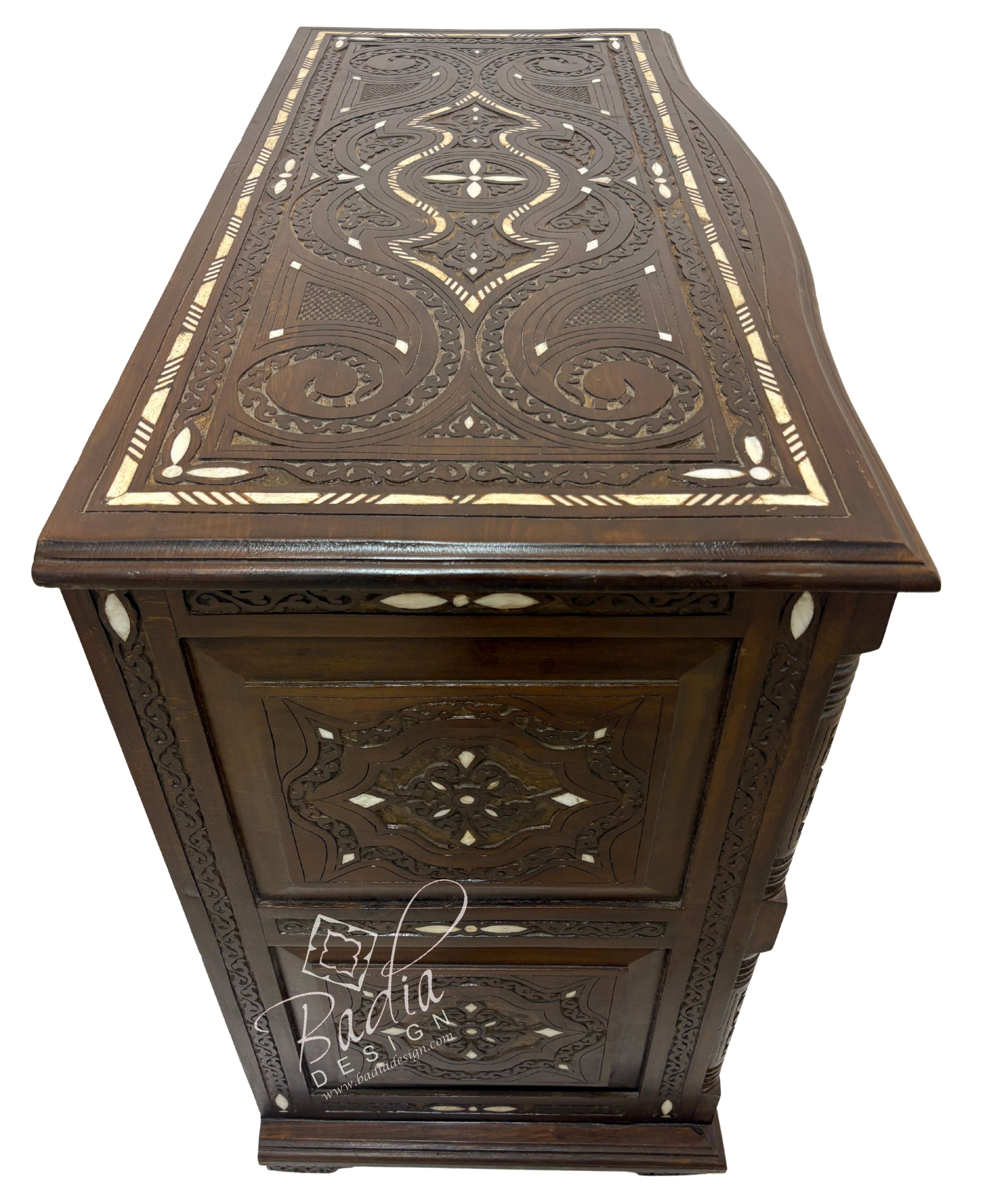 Large Carved Wood Bone Inlay Dark Stained Dresser