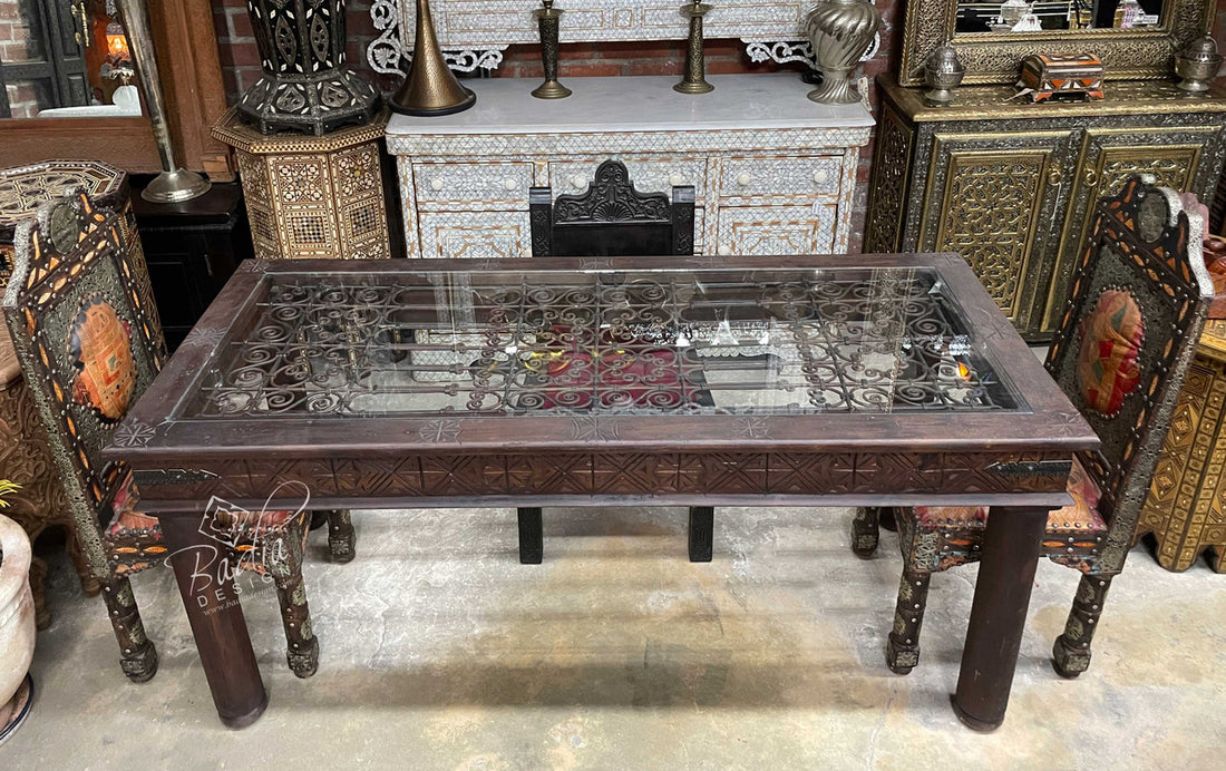 Carved Wood Dining Table with Wrought Iron Design
