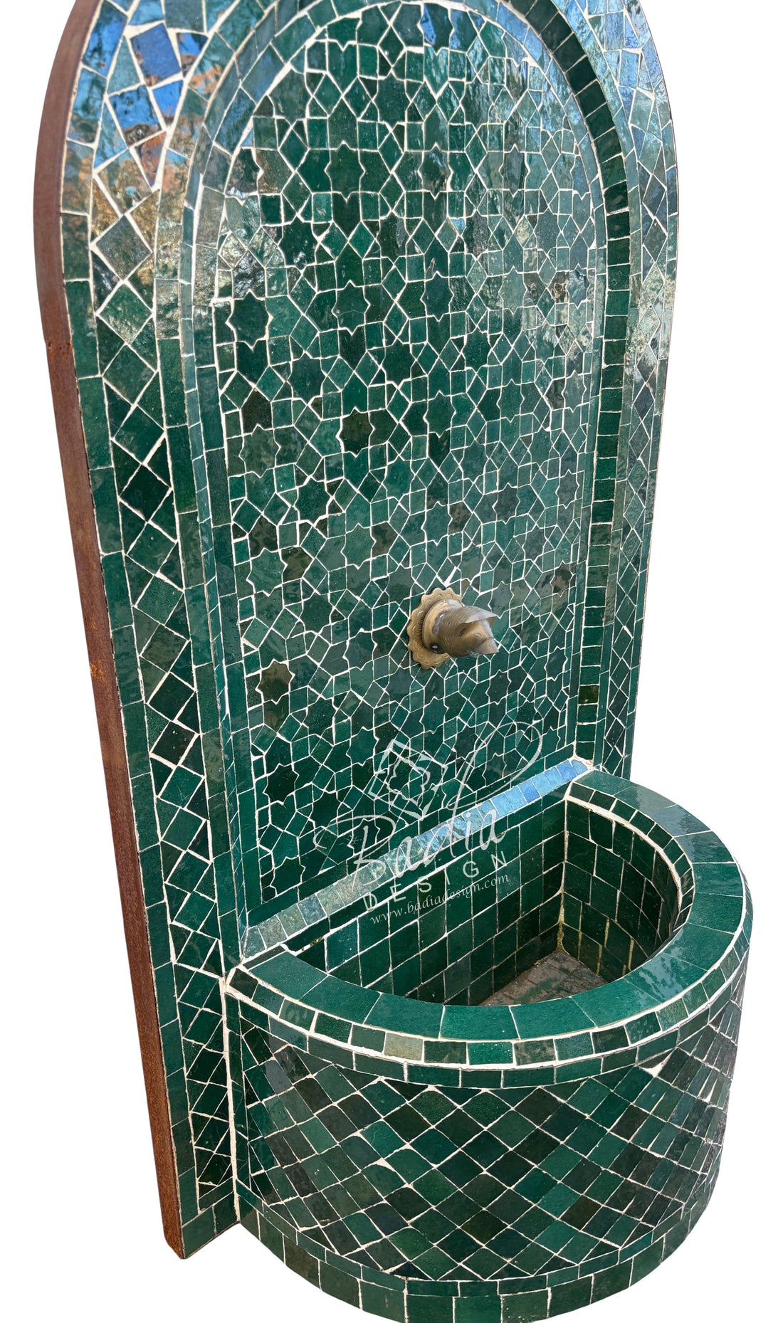 Mosaic green tile fountain with a white background