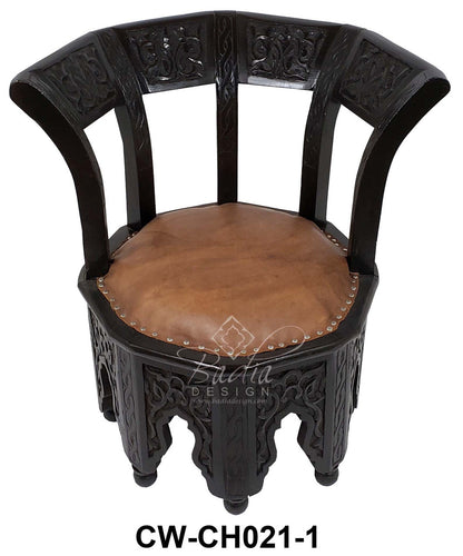 Hand Carved Cedar Wood Chair with Leather Seat