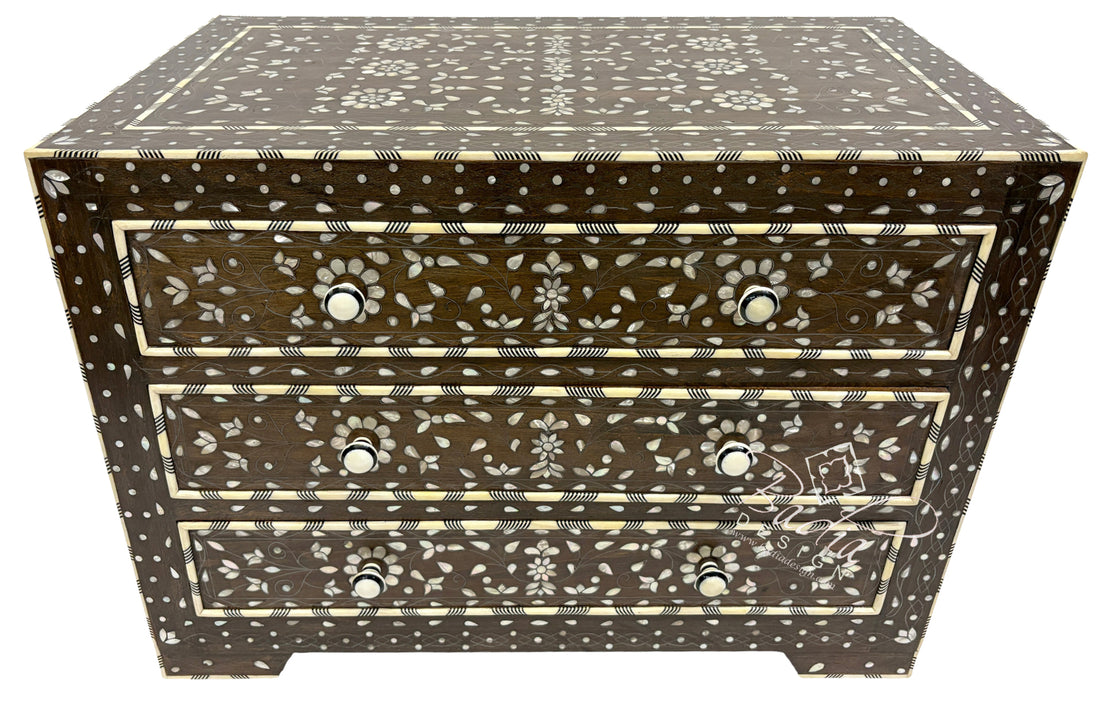 Moroccan Dark Stained White Mother of Pearl Inlay Dresser