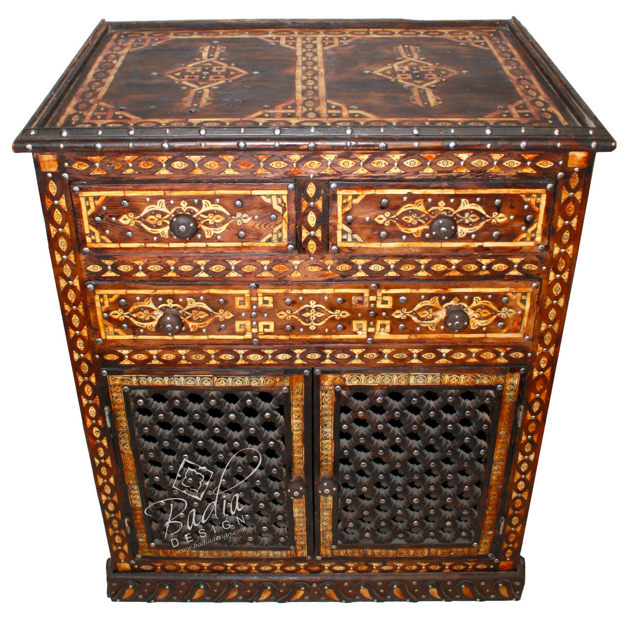 Dark Stained Wooden Bone Inlay Cabinet