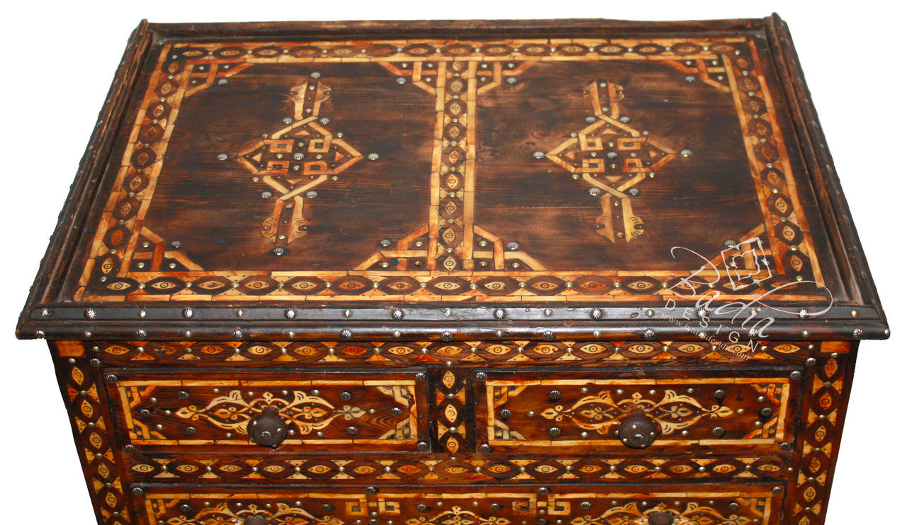 Dark Stained Wooden Bone Inlay Cabinet
