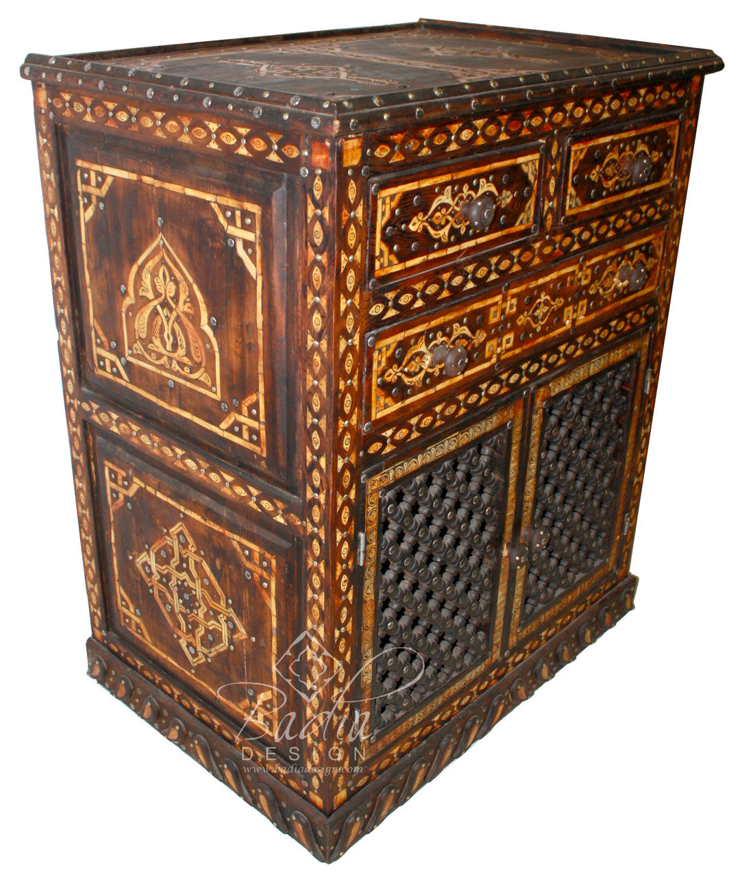Dark Stained Wooden Bone Inlay Cabinet