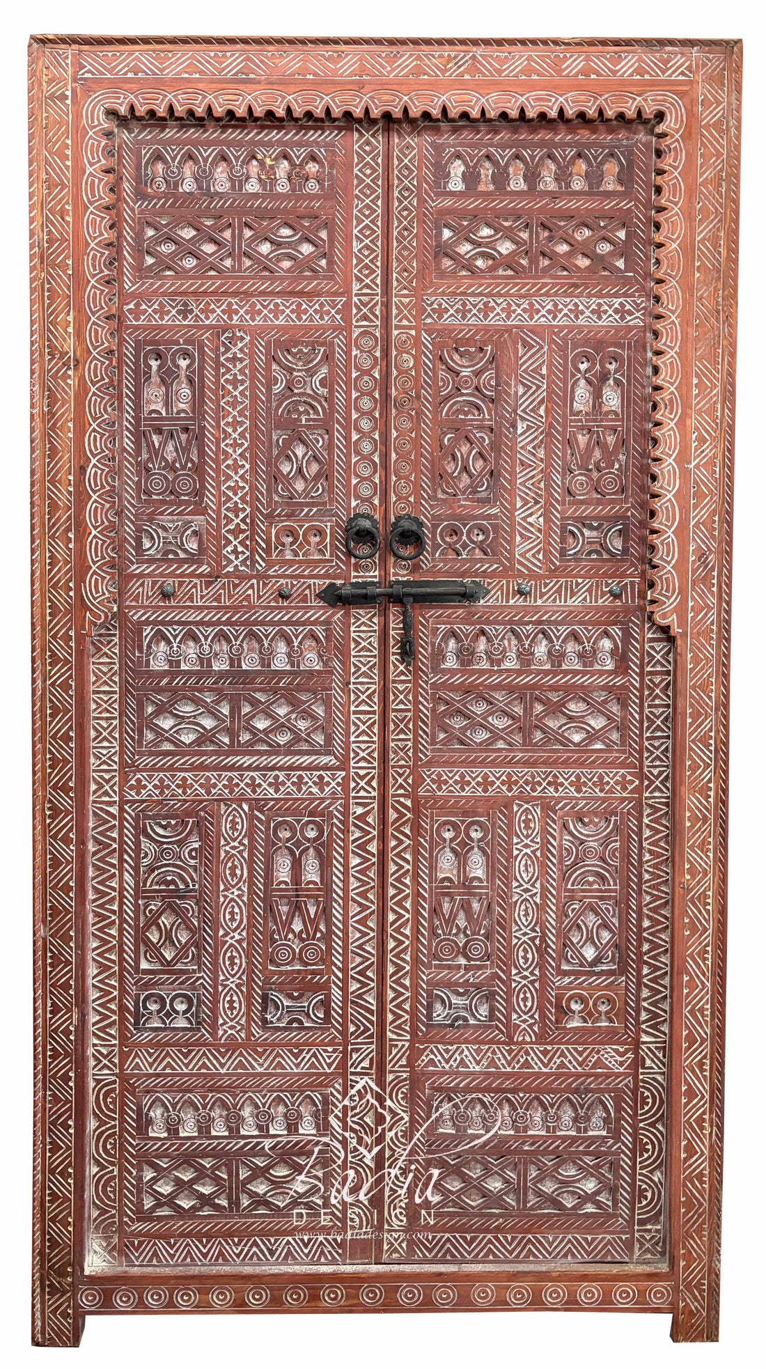 Moroccan Decorative Red Wooden Door with Traditional Carved Patterns