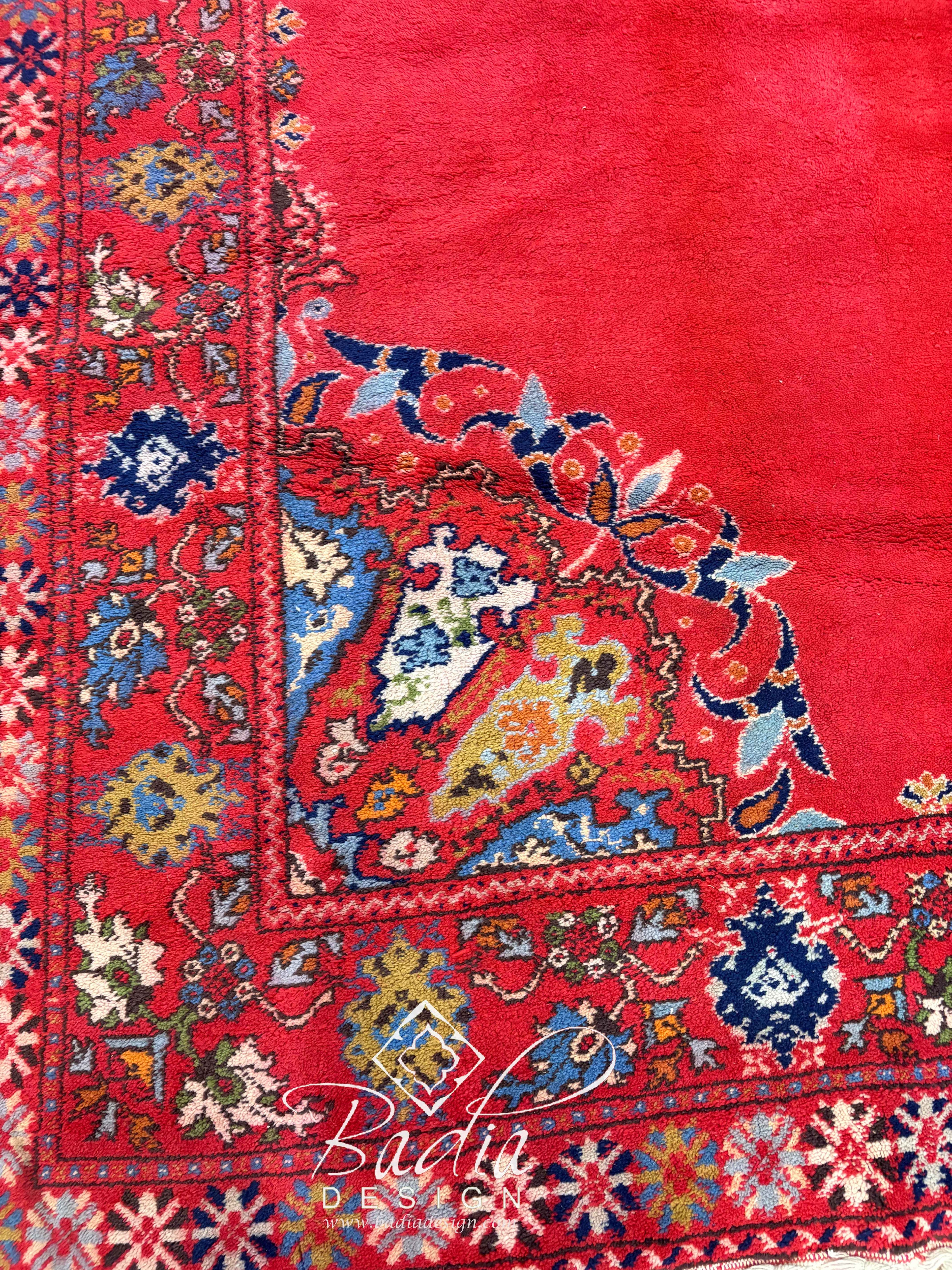 Deep Red Rug with Geometric and Floral Designs