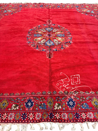Deep Red Rug with Geometric and Floral Designs