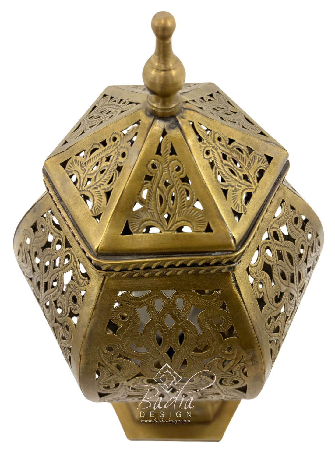 Hexagonal Brass Lantern with Intricate Floral Cutouts