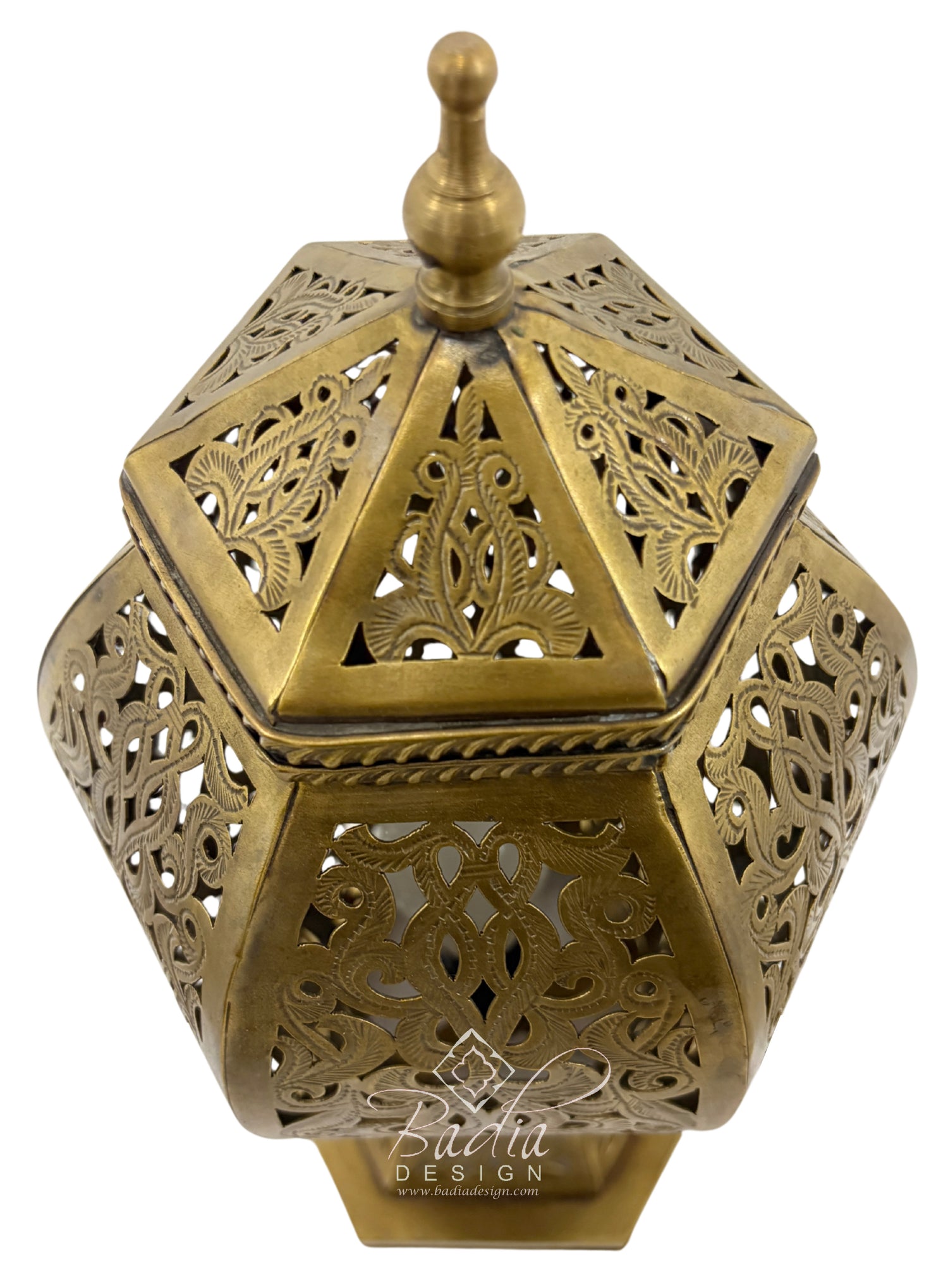 Hexagonal Brass Lantern with Intricate Floral Cutouts