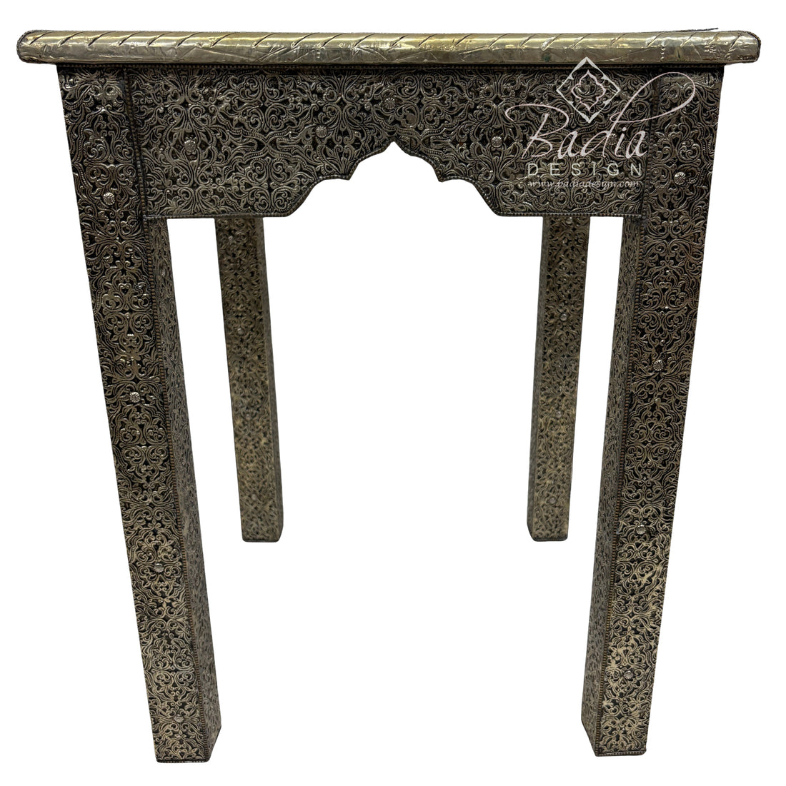 Decorative console table with intricate carvings on a white background, featuring the Badiia Design logo.
