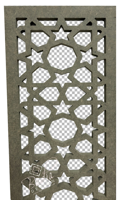 Decorative wooden screen with geometric cut-out patterns on a transparent background