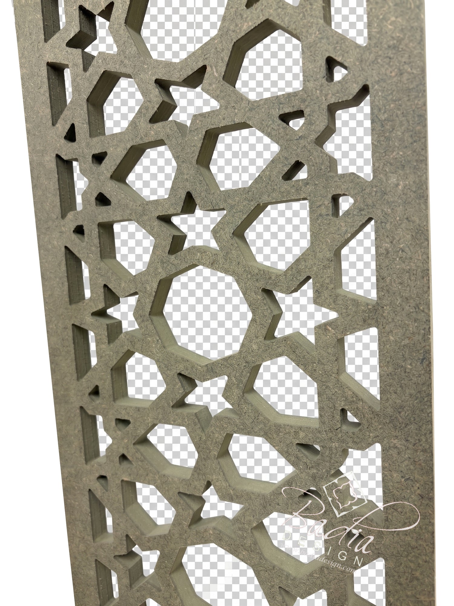 Decorative wooden screen with star pattern on a transparent background