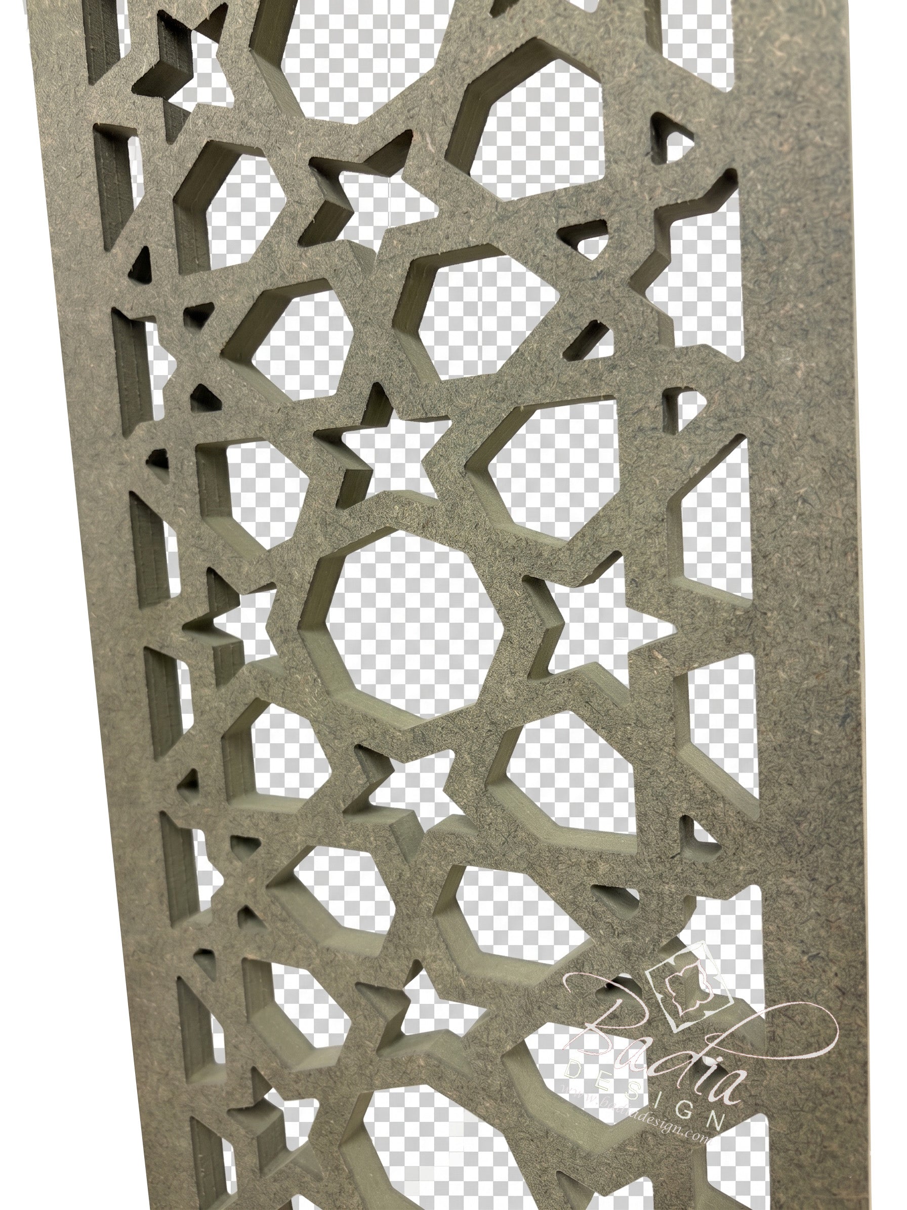 Decorative wooden screen with star pattern on a transparent background