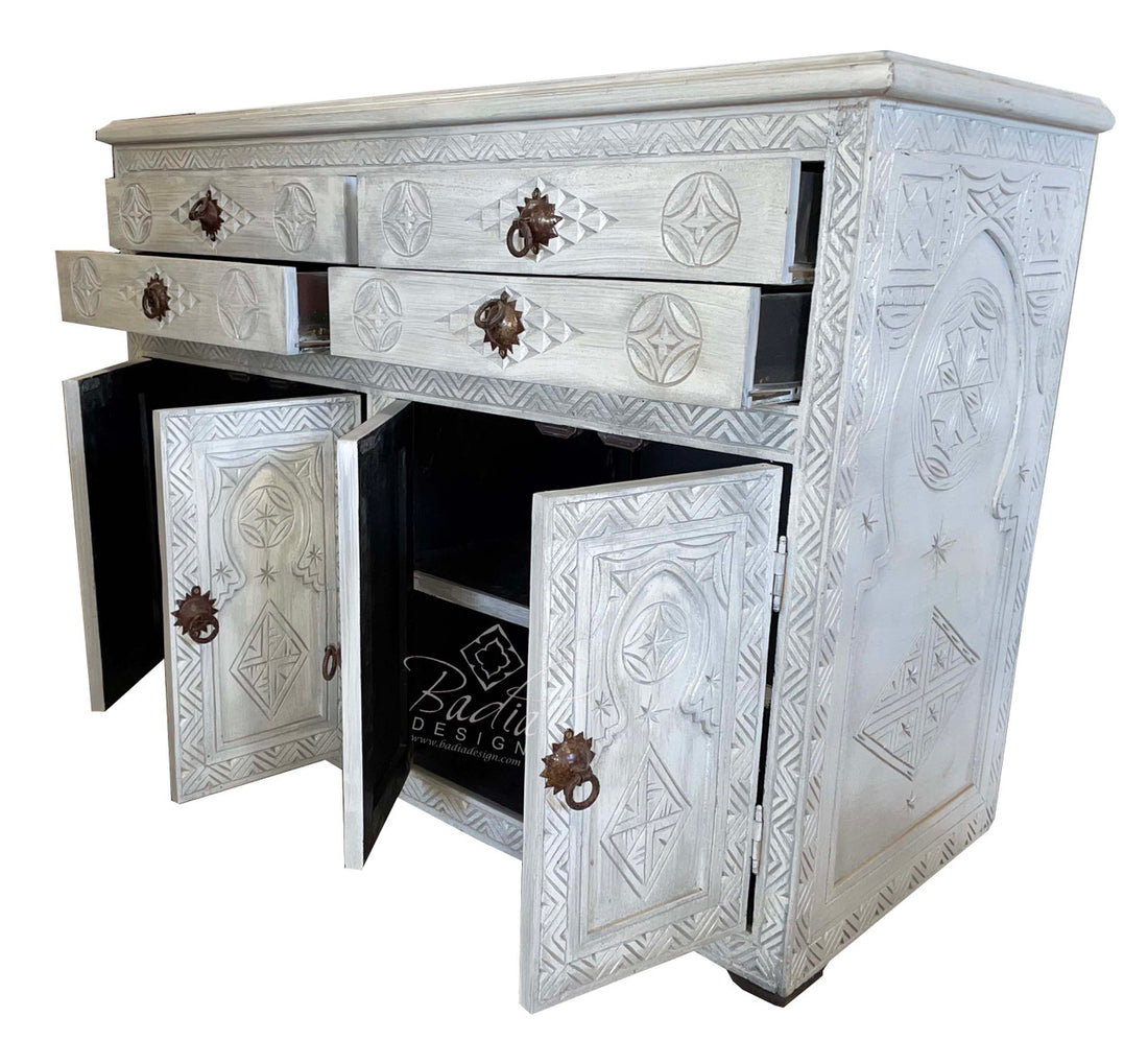 Grey Hand Painted Carved Wood Cabinet