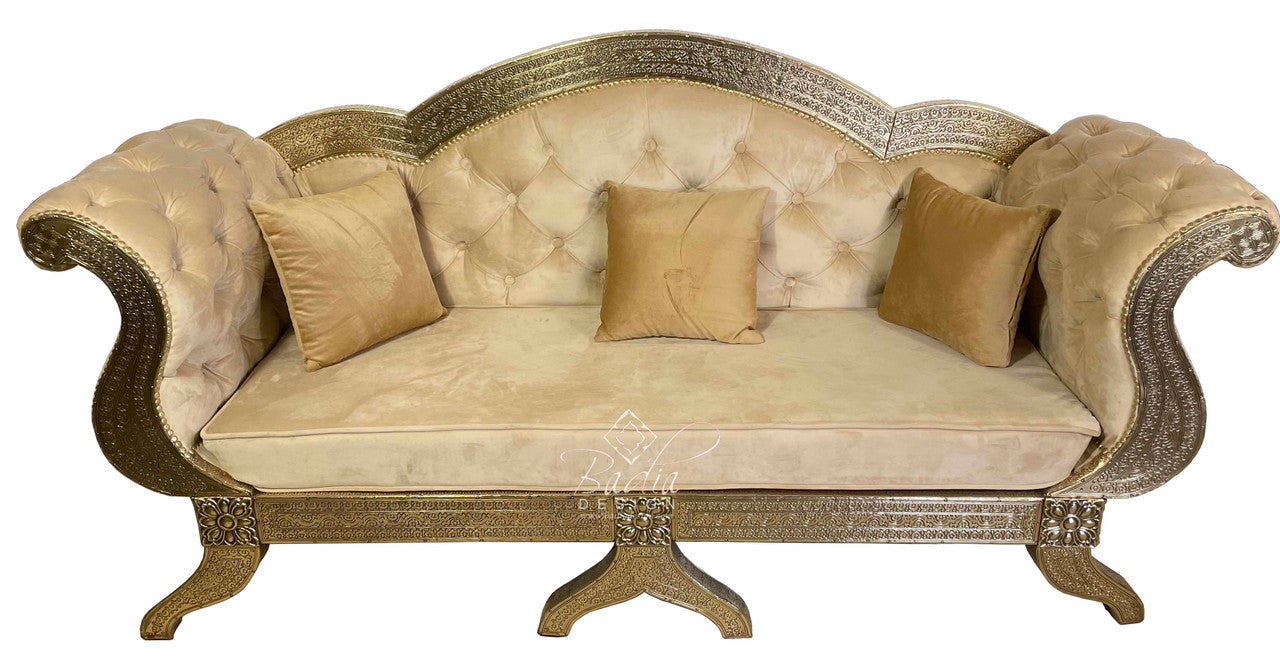 Hand Carved Embossed Brass Sofa with Velvet Seat