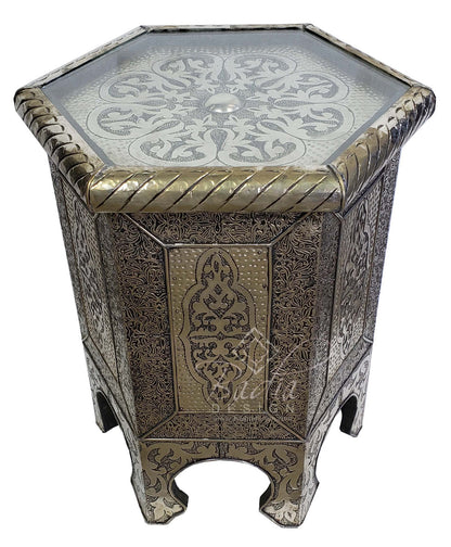 Hand Carved Silver Embossed Nickel Table with Glass Top