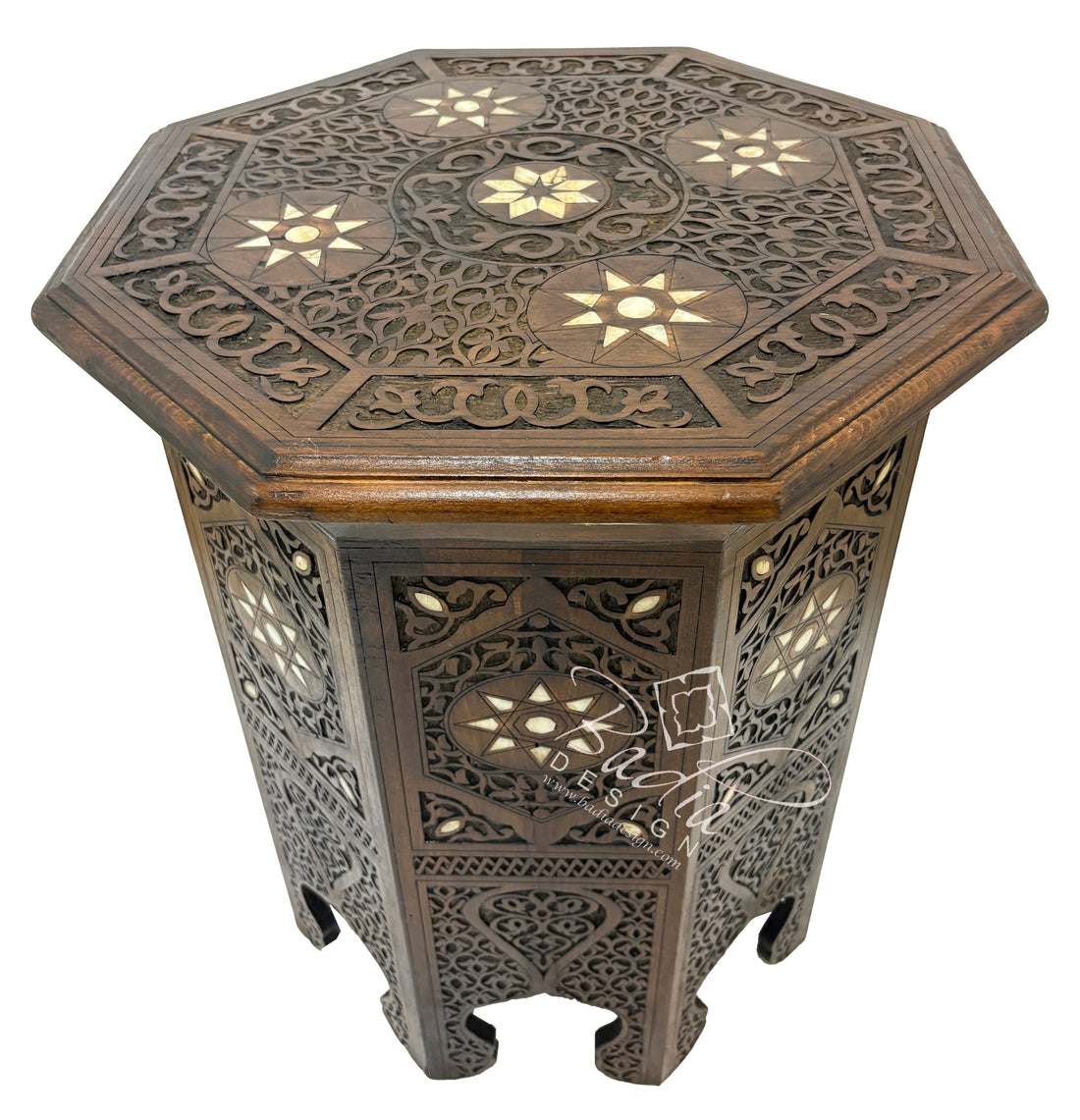 Hand Carved Dark Wood Side Table with Star Inlay