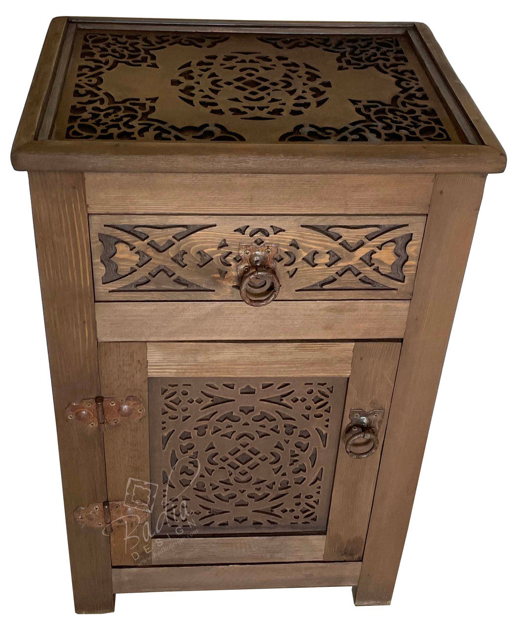 Stained Hand Carved Wooden Nightstand