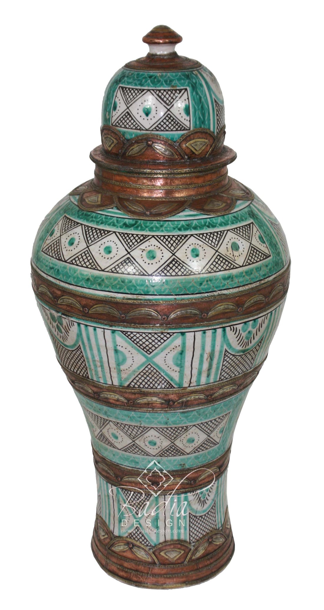 Moroccan Hand Painted Metal and Ceramic Urn