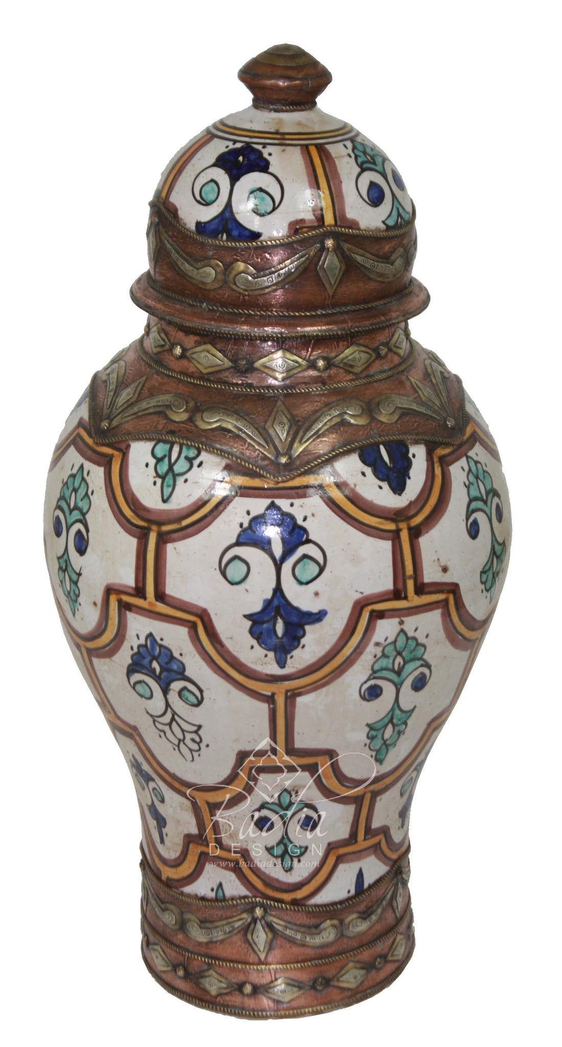 Hand Painted Metal and Ceramic Urn