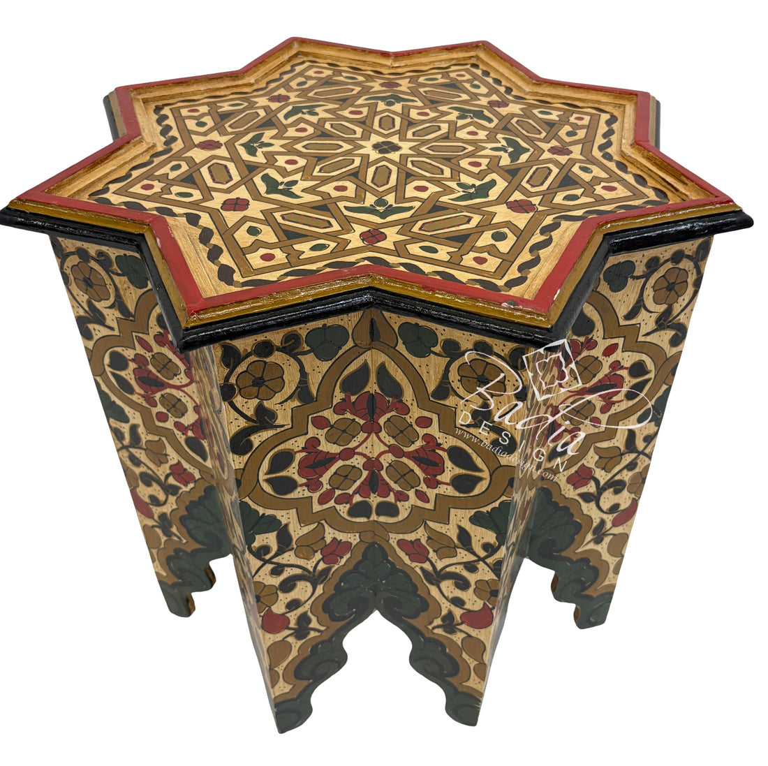 Decorative hexagonal table with intricate patterns on a white background