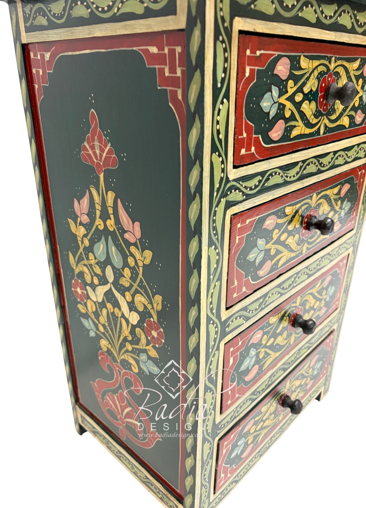 Decorative chest of drawers with floral patterns and black handles on a white background