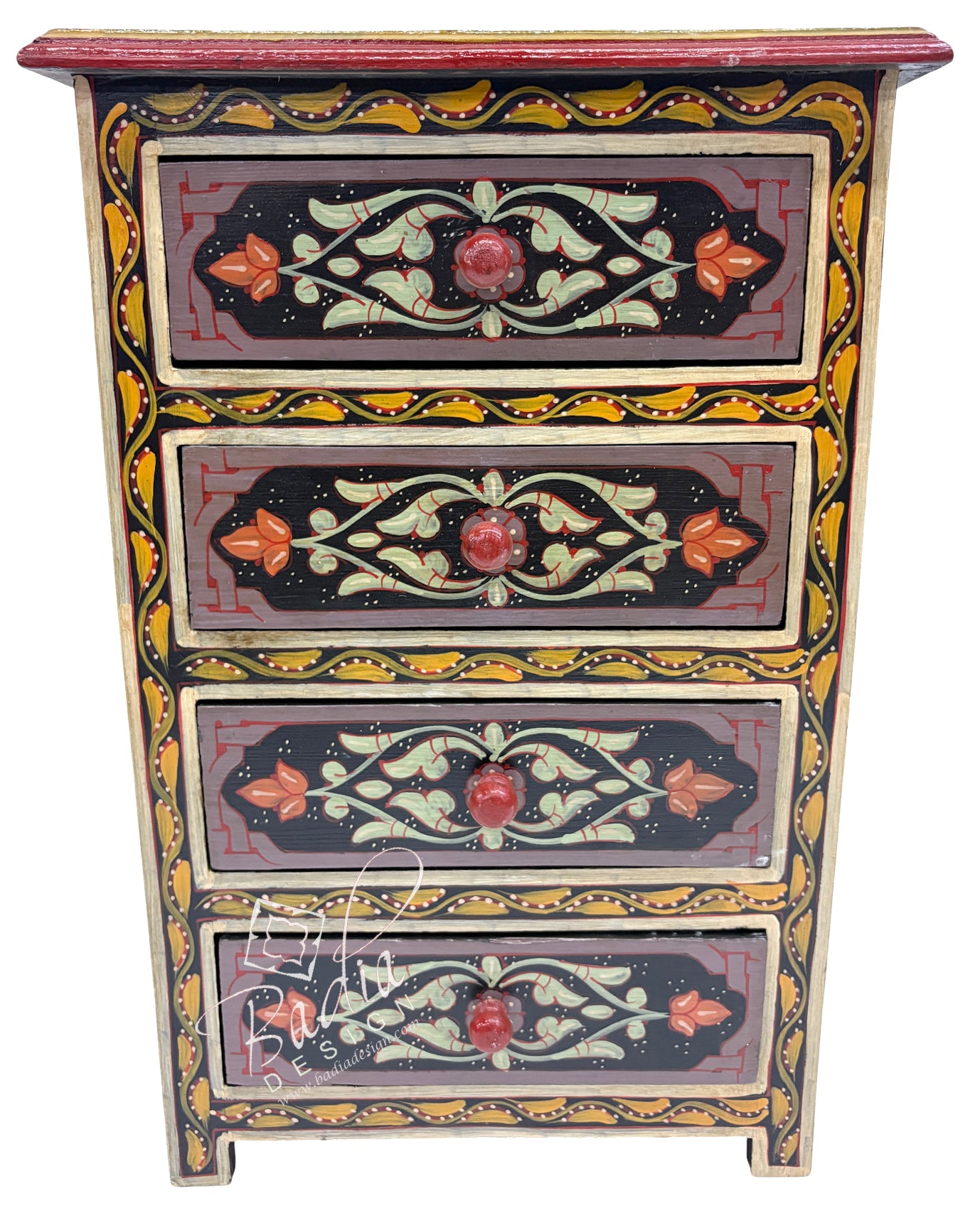 Decorative chest of drawers with floral patterns on a white background
