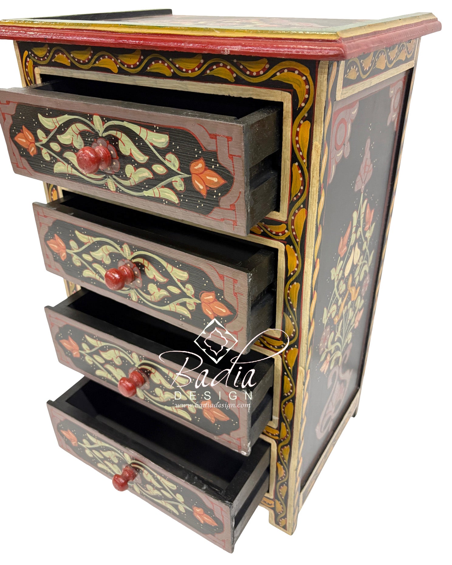 Decorative chest of drawers with floral patterns and red handles on a white background, featuring the Badia Design logo.