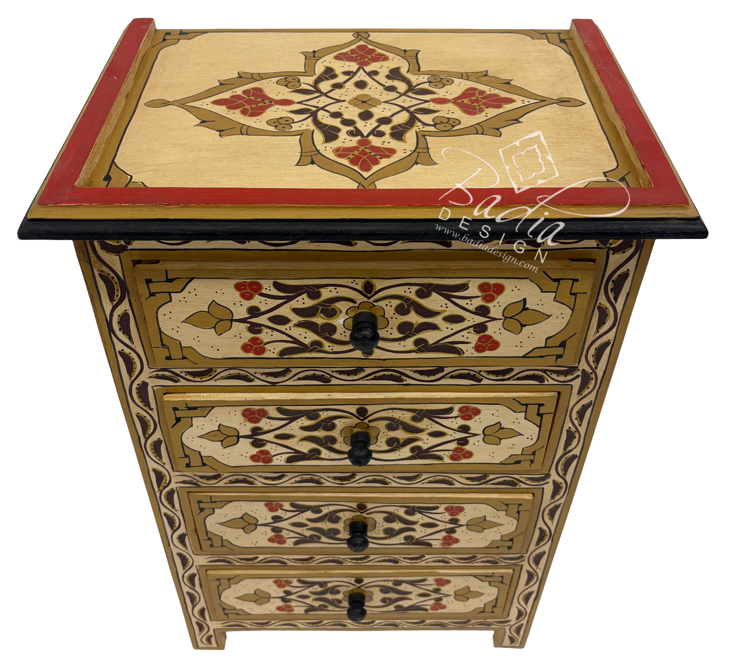 Decorative wooden chest with intricate patterns on a white background
