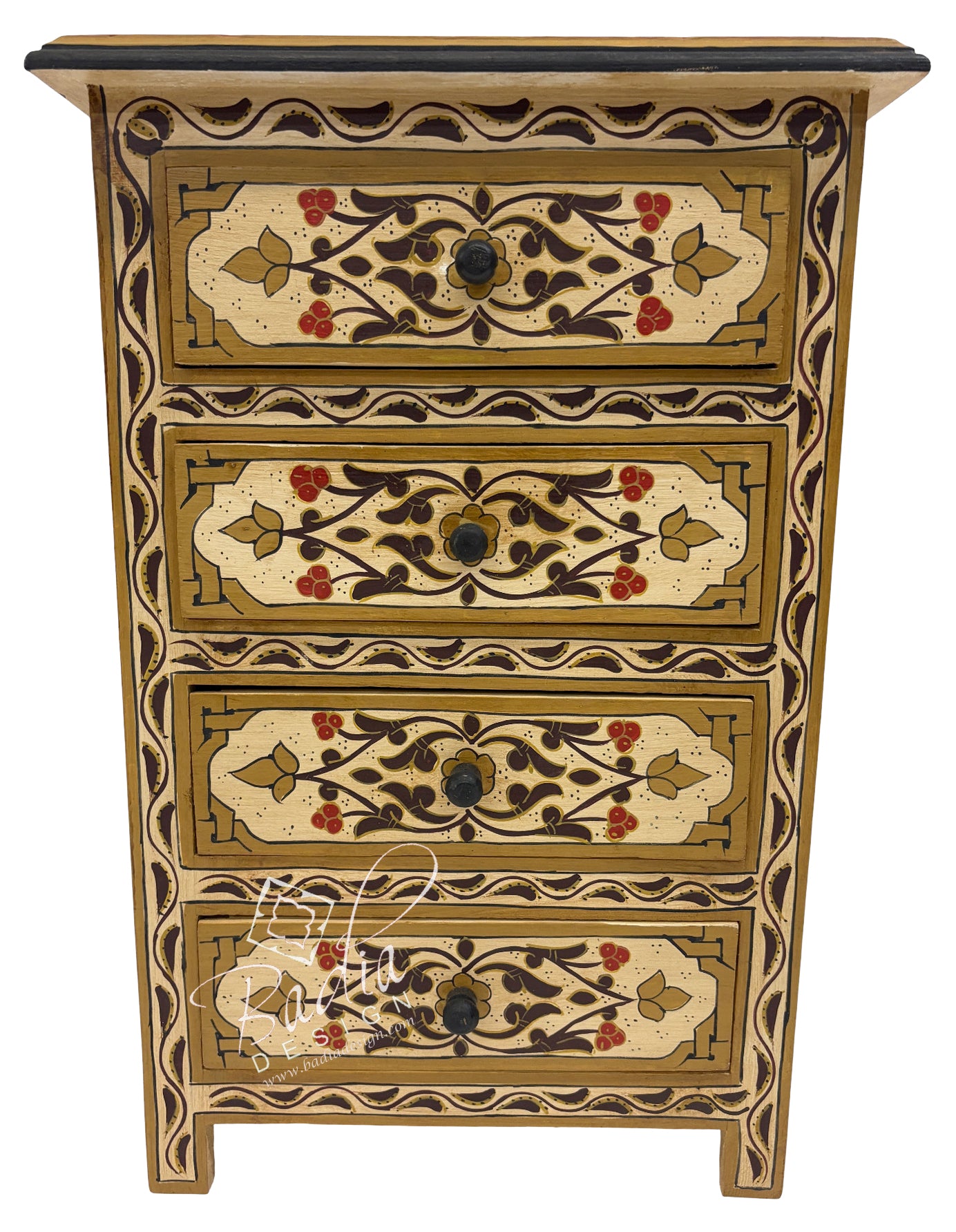 Decorative wooden chest of drawers with intricate carvings on a white background