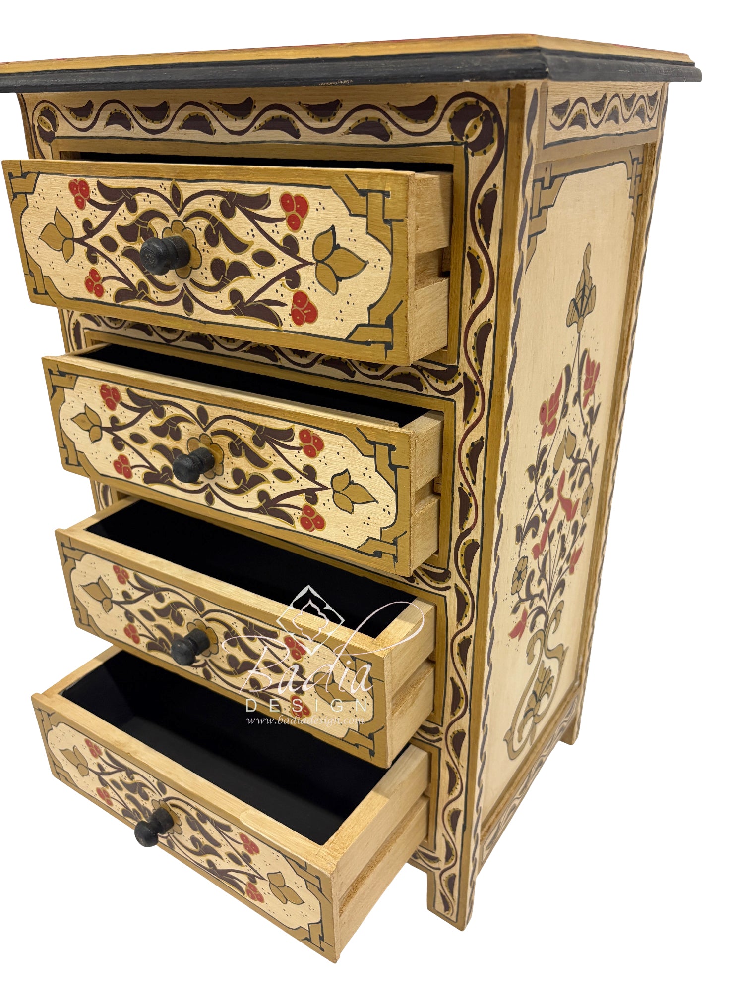 Yellow Decorative wooden chest of drawers with floral patterns on a white background