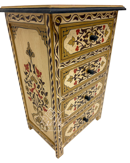Wooden cabinet with floral patterns and black accents on a white background