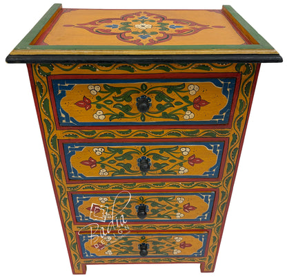 Orange Decorative wooden chest with colorful floral patterns on a white background