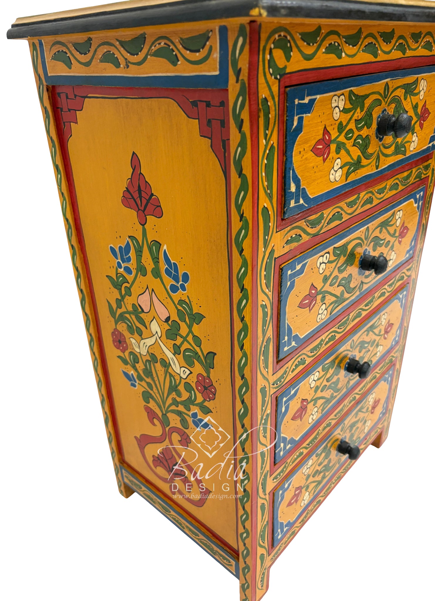 Yellow Decorative chest of drawers with floral patterns and colorful design on a white background.